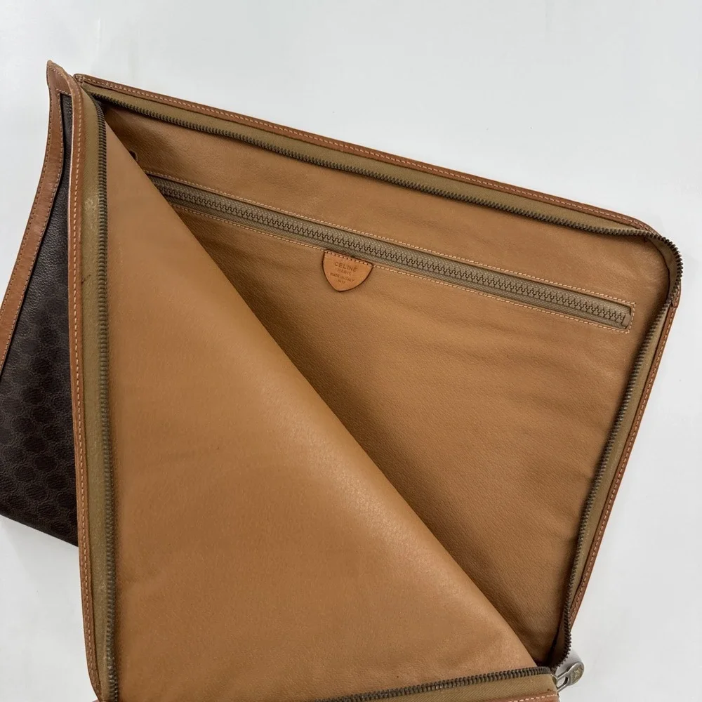 Vintage CELINE Macadam Canvas Briefcase PVC Leather Brown M11 Zippered Laptop